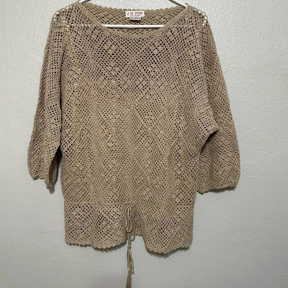 Vintage J. M. Pink Hand Crochet Waist Drawstring Beach Blouse​​​​​ 100% cotton
